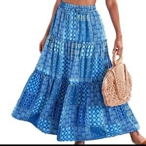 Elegant Blue Patchwork Maxi Skirt